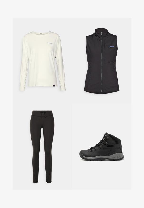 Černá bezrukávová vesta s vysokým límcem, předním zipem a dvěma postranními kapsami, vyrobená z hladkého, lehkého materiálu. Logo Patagonia je viditelné.; Dlouhý rukáv, tričko s kulatým výstřihem v off-white bavlně. Na levé části hrudi je modré logo Patagonia a tričko má přizpůsobený střih.; Černé legíny s vysokým pasem, šnůrkou, hladkým povrchem a přiléhavým střihem. Obsahují švy podél stran.; Černé turistické boty s mírně vyšším střihem, které mají texturovaný svršek, šedé detaily a odolnou gumovou podrážku s trakčními výstupky.