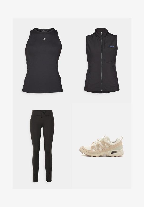 Crna bezrukavna majica, s visokim ovratnikom, prednjim zatvaračem i dva bočna džepa, izrađena od glatkog, laganog materijala. Vidljiv logo Patagonia.; Crni rebrasti majica bez rukava s visokim ovratnikom. Ima mali logo na prsima i uski siluetu.; Crne tajice s visokim strukom, uzicom, glatkom teksturom i uskim dizajnom. Imaju šavove duž bokova.; Bež i kremasti sportski tenisice s teksturiranim mrežastim gornjim dijelom, potpornih preklopa i gumeni potplat s uzorcima za prianjanje.