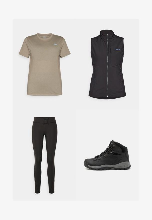 Chaleco sin mangas negro, con cuello alto, cremallera frontal y dos bolsillos laterales, hecho de tejido suave y ligero. Logo de Patagonia visible.; Camiseta de manga corta beige, confeccionada en una tela suave, con cuello redondo y un sutil logo azul claro en la parte superior izquierda del pecho.; Leggings negros con cintura alta, cordón, textura suave y diseño ajustado. Presenta detalles de costura a lo largo de los laterales.; Bota de senderismo negra con un diseño de medio caña, que cuenta con una parte superior texturizada, acentos grises y una suela de goma duradera con tacos de tracción.