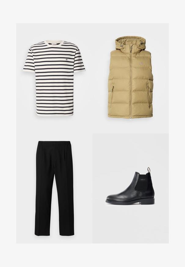 Béžová péřová vesta s kapucí, s zipovým zapínáním, bočními kapsami a horizontálním prošíváním pro izolaci. Hladký povrch po celém obvodu.; Krátký rukáv tričko v krémových a námořnických pruzích, vyrobené z bavlny. Má žebrovaný výstřih a malou vyšitou nášivku na hrudi.; Černé kalhoty vyrobené z hladké tkaniny, s elastickým pasem, rovnými nohavicemi a dvěma předními záhyby pro zvýšení detailu.; Černé kožené Chelsea boty s elastickými bočními panely, nízkým podpatkem, poutkem na patě a logem GANT na vnější boční části.