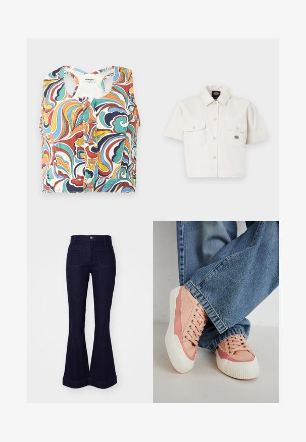 Farebný skrátený top s vírivým vzorom v červenej, modrej, zelenej a žltej farbe, s okrúhlym výstrihom a zapínaním na cvoky.; Krátky rukáv, skrátená biela košeľa vyrobená z bavlny s dvoma náprsníkmi, zapínaním na gombíky a logom na ľavom vrecku.; Tmavomodré denimové zvonové džínsy s vysokým pásom, dvoma zadnými vreckami a prešitím pozdĺž švov a lemovania.; Ružové plátené tenisky s bielymi gumovými podrážkami, s okrúhlymi šnurovacími dierkami a frfrnanými detailami, v kombinácii s modrými širokými džínami.