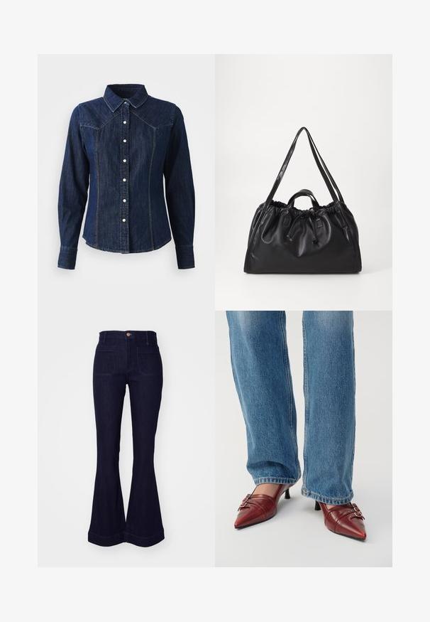 Colorful cropped top featuring a swirl pattern in red, blue, green, and yellow, with a round neckline and snap button closure.; Dark blue denim shirt with long sleeves, pointed collar, front button closure, and decorative stitching along the seams.; Dark blue denim flared jeans with a high waist, two back pockets, and stitched detailing along the seams and hemline.; Red leather pointed-toe shoes with a small heel, featuring horizontal stitching and two silver buckles, worn with blue denim jeans.; Black leather bag with a gathered top, drawstring closure, dual handles, and long shoulder straps. Smooth texture and minimalist design.