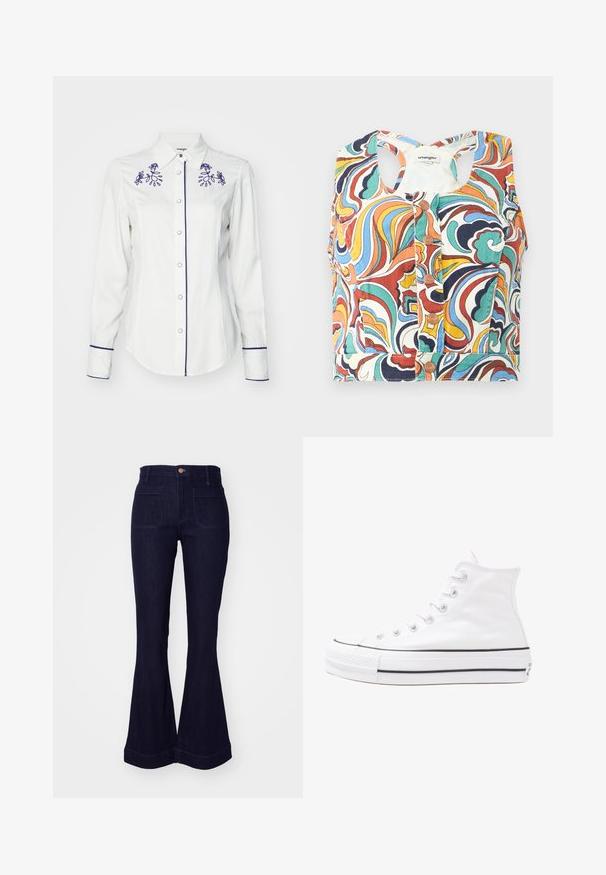 Colorful cropped top featuring a swirl pattern in red, blue, green, and yellow, with a round neckline and snap button closure.; Long-sleeve white shirt made of fabric, featuring purple floral embroidery on the collar and cuffs, with button closure and a contrasting trim.; Dark blue denim flared jeans with a high waist, two back pockets, and stitched detailing along the seams and hemline.; White high-top canvas sneaker with black rubber sole, front rubber toe cap, and six eyelets for laces, featuring a clean, minimalist design.