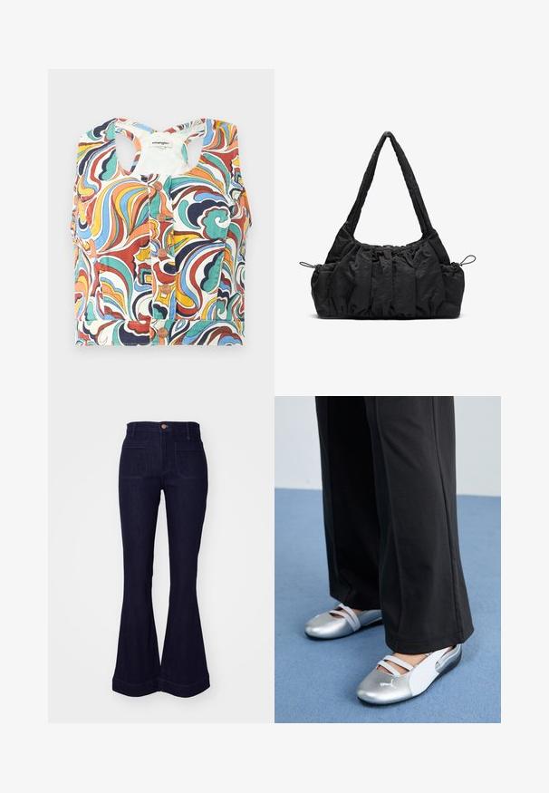 Colorful cropped top featuring a swirl pattern in red, blue, green, and yellow, with a round neckline and snap button closure.; Gray long-sleeve shirt with a round neck, featuring a white trim at the neckline and cuffs. Made of soft, textured fabric.; Dark blue denim flared jeans with a high waist, two back pockets, and stitched detailing along the seams and hemline.; Silver and white flat shoes with crossover straps and textured detailing, complemented by loose black trousers. Set against a blue floor.; Black fabric handbag with gathered texture, two shoulder straps, and drawstring closure on sides. Smooth, lightweight material.