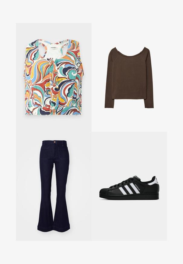 Kleurvolle cropped top met een zwirlpatroon in rood, blauw, groen en geel, met een ronde halslijn en drukknoopsluiting.; Bruine lange mouwen top met een wijde halslijn, gemaakt van zacht materiaal, met een ontspannen pasvorm en minimale naden voor een soepele silhoeët.; Donkerblauwe flared jeans van denim met een hoge taille, twee achterzakken en gestikte details langs de naden en de zoom.; Zwarte Adidas Superstar sneaker met witte strepen, schelpneus en 'Superstar' tekst aan de zijkant, afgebeeld in zijaanzicht op een witte achtergrond.
