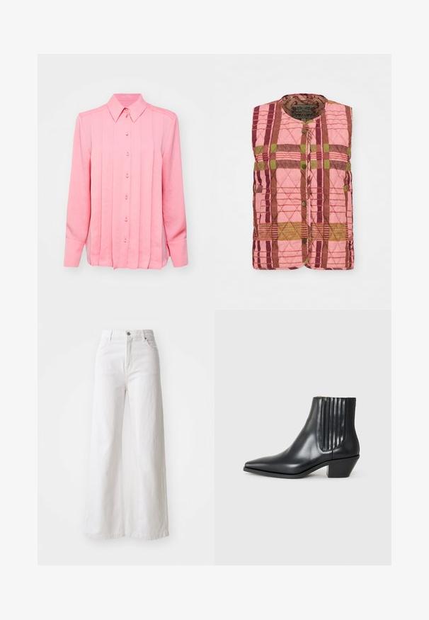 Quilted vest featuring a pink, green, and maroon plaid pattern, with a round neckline and front button closure. Textured fabric adds detail.; Long-sleeve plaid top featuring pink, brown, and green colors with textured fabric and gathered detail at the waist and sleeves.; Pink long-sleeve shirt with a button-down collar, featuring vertical pleats and six buttons on the front, made of a smooth, lightweight fabric.; White wide-leg jeans made of denim, featuring a high waist, a front button closure, and side pockets. Textured fabric with visible stitching.; Black leather ankle boot with pointed toe, elastic side panels with vertical grooves, and a low block heel. Smooth texture and sleek design.
