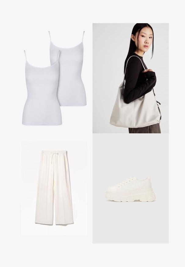 Lichtgele linnen vest met een v-hals, drie grote knopen en twee voorkruimels; gestructureerde stof met een licht gestructureerde vorm.; Twee witte cami-tops met dunne spaghettibandjes, gemaakt van gladde stof, met een aansluitend, mouwloos ontwerp en een eenvoudige, effen kleur.; Witte wijde broekspijpen gemaakt van lichte stof, met een elastische tailleband, trekkoord en zijzakken zonder zichtbare patronen.; Witte canvas sneaker met een stevige zool, ronde neus en vijf gaatjes voor veters. Achterste tab voor gemakkelijk aan- en uittrekken. Vloeibare textuur, minimalistisch ontwerp.; Beige handtas gemaakt van zacht materiaal, met een slonzig ontwerp, gestikte details en twee schouderbanden. Geschikt voor dagelijks gebruik.
