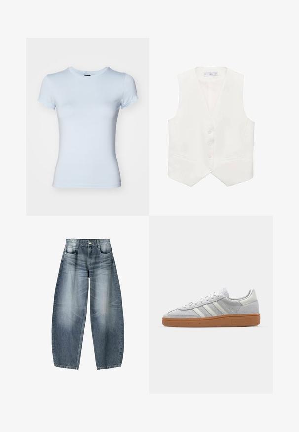 Witte mouwloze vest gemaakt van een gladde stof, met een klassieke V-hals, vijf knopen en twee zijzakken. Eenvoudig, op maat gemaakt ontwerp.; Lichtblauwe, korte mouw, aansluitende t-shirt van zachte katoen. Heeft een ronde halslijn en minimale stikdetails.; Wijd gesneden jeans van lichtblauwe denim met vervaging, met een vijf-pocket ontwerp, knoopsluiting en minimale stikdetails.; Lichtgrijze suède sneaker met witte leren accenten, drie witte strepen en een bruine rubberen zool, met een gewatteerde kraag voor comfort.