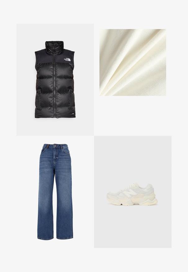 Juodas pūkuotas liemenė su aukšta apykakle, užtrauktuku priekyje ir dviem šoninėmis užtrauktukų kišenėmis. Pagaminta iš lygaus, šilumos izoliuoto audinio su logotipu ant krūtinės.; Baltos fliso medžiagos su minkšta, pūsta tekstūra, rodanti lygias ir šiek tiek pakeltas skaidulas, išdėstytas švelniuose raukšlėse.; Šviesiai smėlinės spalvos trumpomis rankovėmis marškinėliai, pagaminti iš švelnaus medvilnės, su mažu baltu Puma logotipo pažymėjimu viršutinėje kairėje krūtinės pusėje.; Plati kojinės džinsai, pagaminti iš vidutinio svorio mėlynos medvilnės audinio. Su klasikinio penkių kišenių dizainu ir užtrauktuku su saga.; Lengvas sportinis batelis su tinklinio ir zomšinės viršutine dalimi švelniu kremo atspalviu, turi masyvų pado dizainą ir trimatį akcentą.