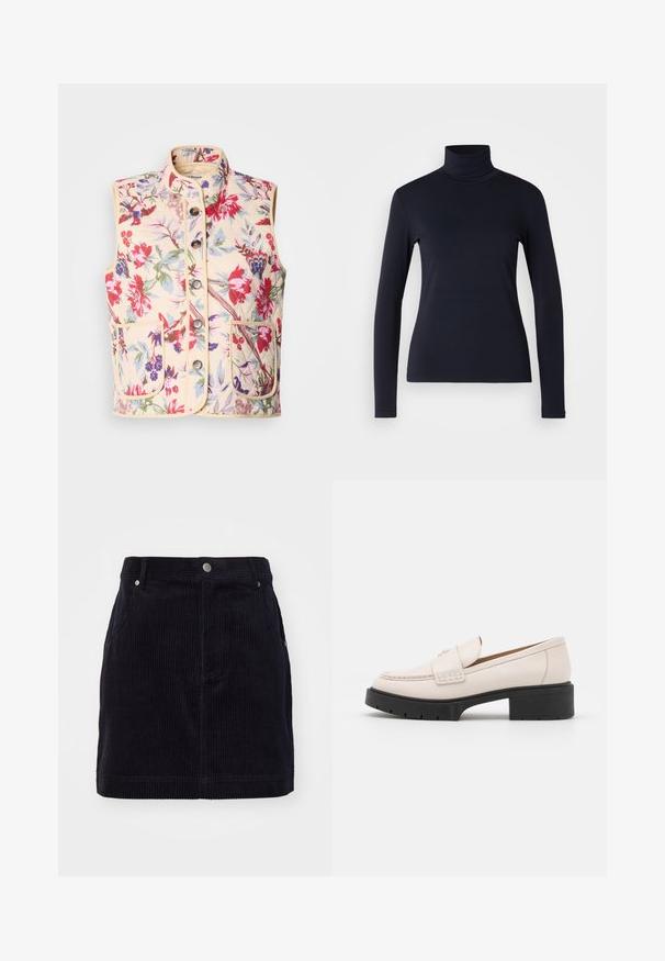 Colete com padrão floral em creme, apresentando um decote alto, sete botões e dois bolsos frontais, com uma textura matelassada e acabamentos contrastantes.; Camisola de gola alta de manga longa na cor navy. Feita em tecido suave com uma textura lisa. Apresenta um design ajustado e gola alta sem costuras visíveis.; Saia de courduroy azul-marinho com um design ajustado, apresentando riscas verticais, dois bolsos laterais e um fecho frontal com botão.; Mocassins em couro bege claro com frente costurada e um salto plataforma preto texturizado. Apresenta um design curvado e uma ligeira elevação.