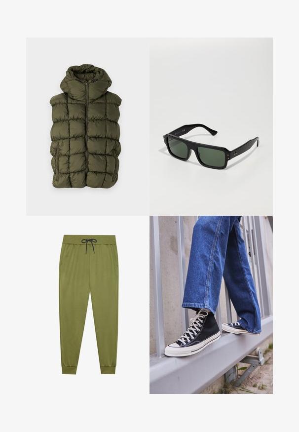 Olivenfarget polstret vest med quiltet design, høy krage, frontglidelås og sidelommer. Myk tekstur og hette inkludert.; To hvite bomullstanker med rund hals og uten ermer. Hver har en liten svart logo på kanten. Glatt tekstur, enkel design.; Olivengrønne joggebukser med elastisk midje, sort snor, sidelommer og ribbede mansjetter ved anklene. Glatt tekstur.; Svarte høy-hælte joggesko med hvit såle og snøring, paired med løse blå denim-jeans, hvilende på et grått rekkverk.; Svarte rektangulære solbriller med grønne linser, med gullseksjoner og en tykk plastramme. Teksturerte armer for bedre grep.