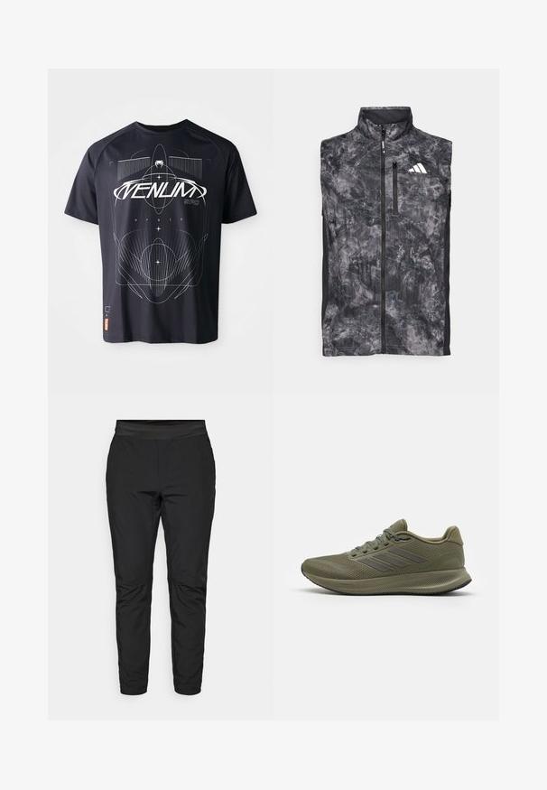 Ermeløs svart og grå marmorert løpeveste med frontglidelås, brystlomme med glidelås og hvit logo på øvre venstre bryst.; Svart T-skjorte med korte ermer som har geometrisk hvitt grafisk design, inkludert linjer og tekst, med et merke nederst til venstre.; Svarte stretchy bukser med en tettsittende design, elastisk midje og glidelåslommer. Jevn tekstur med en svakt skinnende overflate.; Grønne joggesko med et teksturert mesh-overtrekk, tre grå striper på siden, og en polstret såle. Har lisser og en polstret krage.