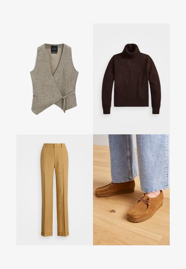 Massimo Dutti SHORT DOUBLE-BREASTED - Vesta - beige; Hnědý, silný pletený rolák s žebrovaným límcem a lemem. Má dlouhé rukávy a volný střih, vyrobený z měkkého textilního materiálu.; Polo Ralph Lauren YARD LINEN FULL FLAT FRONT - Kalhoty - sand dune; Hnědé semišové boty s kulatou špičkou a světle hnědou gumovou podrážkou, s jednoduchým šněrováním, spárované s světle modrými denimovými kalhotami.