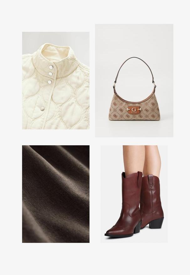 Giacca trapuntata avorio con colletto alto e quattro bottoni a scatto. Presenta una consistenza morbida e delicati motivi curvi su tutta la superficie.; Maglietta bianca a maniche corte con scollatura rotonda, realizzata in cotone, caratterizzata da una silhouette aderente e un'etichetta nera del marchio all'interno del colletto.; Tessuto marrone scuro con una superficie liscia e testurizzata, caratterizzato da leggere pieghe e un aspetto opaco e morbido. Ideale per varie applicazioni tessili.; Gambe che indossano stivali western in pelle marrone scuro, a metà polpaccio, con punta affusolata e tacco a blocco, su sfondo bianco.; Borsa a tote in tessuto beige con dettagli a motivo marrone. Presenta una forma curva, una tracolla singola e una placca con logo nella parte anteriore con finiture in metallo argentato.