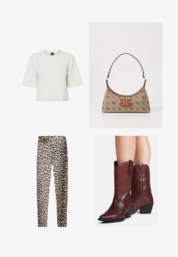Jachetă bej matlasată cu guler înalt și patru butoane prin presare. Prezintă o textură moale și modele curbate subtile pe întreaga suprafață.; Top alb, cu maneci scurte, cu un model texturat, cu dungi și guler rotund. Fabricat dintr-un material moale. Lungime scurtă.; Leggings cu imprimeu de leopard, realizate dintr-un material moale, având un talie elastică, picioare lungi și subțiri și un amestec de modele bej, negru și maro.; Picioare îmbrăcate în cizme din piele maro închis, de stil western, cu vârfuri ascuțite și tocuri pătrate, pe un fundal alb.; Geantă tip tote din material bej, cu accente maro cu model. Prezintă o formă curbată, o singură curea și o placă cu logo în față, cu accesorii din metal argintiu.