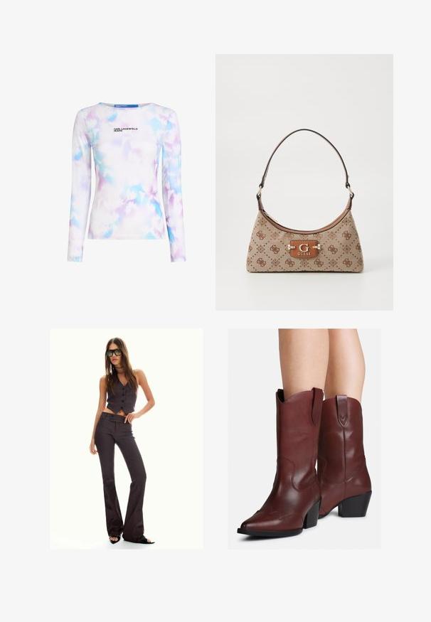 Gepatchte cremefarbene Jacke mit hohem Kragen und vier Druckknöpfen. Sie verfügt über eine weiche Textur und subtile geschwungene Muster im gesamten Design.; Langärmliges Oberteil aus einem glatten, elastischen Material. Es hat ein florales Muster in Pastellblau und lila sowie ein bedrucktes Logo auf der Vorderseite.; Braun gestreifter, taillierter Weste und ausgestellter Hose, mit Knöpfen und strukturiertem Stoff. Schwarze Sandalen mit offenen Zehen und übergroße Sonnenbrille.; Beine, die mittelhohe, dunkelbraune Lederstiefel im Western-Stil mit spitzen Zehen und Blockabsätzen tragen, vor einem weißen Hintergrund.; Beige Stofftasche mit braunen gemusterten Akzenten. Sie hat eine geschwungene Form, einen einzelnen Tragegurt und ein Logo-Schild an der Vorderseite mit silberner Hardware.