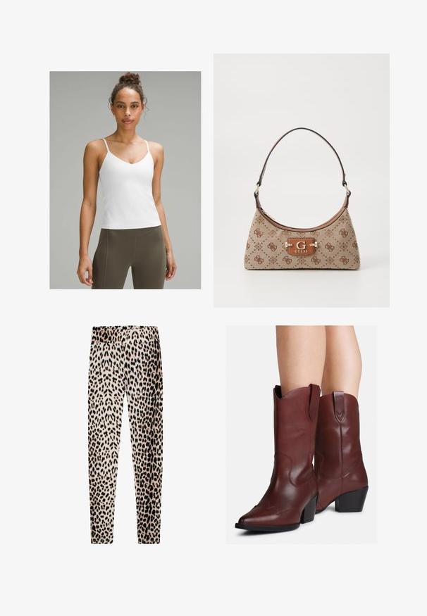 Gepatchte cremefarbene Jacke mit hohem Kragen und vier Druckknöpfen. Sie verfügt über eine weiche Textur und subtile geschwungene Muster im gesamten Design.; Weißes Camisole-Oberteil mit dünnen Trägern, V-Ausschnitt, glatter Textur, figurbetontem Schnitt, kombiniert mit hochgeschnittenen olivgrünen Leggings.; Löwenmuster Leggings aus weichem Stoff, mit einem dehnbaren Bund, langen schlanken Beinen und einer Mischung aus beigen, schwarzen und braunen Mustern.; Beine, die mittelhohe, dunkelbraune Lederstiefel im Western-Stil mit spitzen Zehen und Blockabsätzen tragen, vor einem weißen Hintergrund.; Beige Stofftasche mit braunen gemusterten Akzenten. Sie hat eine geschwungene Form, einen einzelnen Tragegurt und ein Logo-Schild an der Vorderseite mit silberner Hardware.