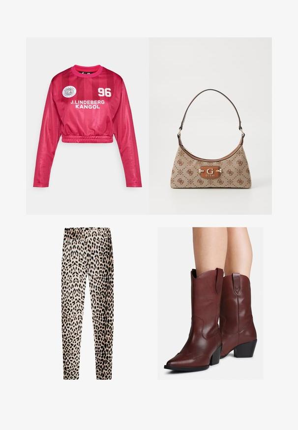 Kviestuotas dramblio kaulo spalvos švarkas su aukštu apykakle ir keturiomis mygtukų snap. Pasižymi minkšta tekstūra ir subtiliais išlenktais raštais visame paviršiuje.; Trumpas ilgomis rankovėmis džersis ryškiai rožinės spalvos su blizgiu paviršiumi, su "J. LINDEBERG KANGOL" ir skaitine spauda, elastinga apvadu ir sportiniu dizainu.; Leopardų rašto leggingai, pagaminti iš švelnaus audinio, su tampri juosta, ilgomis lieknomis kojomis ir įvairių smėlio, juodos ir rudos spalvų raštais.; Kojos vilki vidutinio ilgio tamsiai rudos odos vakarietiško stiliaus batus su smailiais pirštais ir blokiniais kulnais, prieš baltą foną.; Beige spalvų audinio rankinė su rudos spalvos raštuotais akcentais. Turi išlenktą formą, vieną diržą ir priekyje su sidabro detale esantį logotipą.