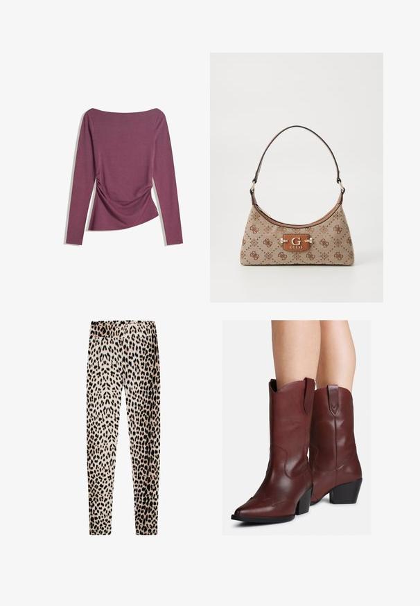 Quilted ivory jacket with a high collar and four snap buttons. Features a soft texture and subtle curved patterns throughout.; Long-sleeve mauve top with boat neckline, fitted waist with subtle ruching on both sides, shown flat against white background.; Leopard-print leggings made of soft fabric, featuring a stretchy waistband, long slim legs, and a mix of beige, black, and brown patterns.; Legs wearing mid-calf brown leather western-style boots with block heels and pull tabs on a white background.; Tote bag in beige fabric with brown patterned accents. Features a curved shape, single strap, and a logo plaque in front with silver hardware.