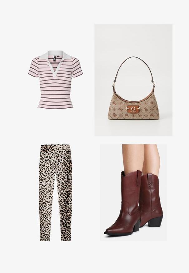 Přepychová prošívaná bílá bunda s vysokým límcem a čtyřmi patkami. Nabízí měkkou texturu a jemné zakřivené vzory po celém designu.; Pruhovaná polo košile v růžové a bílé barvě s tmavě hnědými pruhy. Má bílý límeček a krátké rukávy. Vyrobena z žebrované tkaniny.; Legíny s leopardím potiskem vyrobené z měkké látky, s elastickým pasem, dlouhými štíhlými nohavicemi a kombinací béžových, černých a hnědých vzorů.; Nohy obuté v hnědých kožených westernových botách po lýtka s špičatými špičkami a blokovými podpatky, na bílém pozadí.; Plátěná taška v béžové barvě s hnědými vzorovanými akcenty. Má zakřivený tvar, jeden popruh a na přední straně logovou destičku se stříbrným kováním.