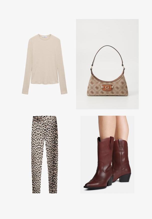 Nabran jakna v slonokoštenski barvi z visokim ovratnikom in štirimi gumbi na pritisk. Ima mehko teksturo in subtilne ukrivljene vzorce po celotni jakni.; Dolga majica z dolgimi rokavi v svetlo bež rebrasti tkanini. Ima okroglo ovratnik in sproščen kroj. Material kaže rahlo teksturo po celotni površini.; Leggingi z leopardjim vzorcem, izdelani iz mehke tkanine, z raztegljivim pasom, dolgimi ozkimi nogami ter mešanico bež, črne in rjave barve.; Noge v srednjem visokem temno rjavem usnju zahodnjaških čevljev z ostrimi prsti in blokastimi petami, na beli podlagi.; Torba iz bež tkanine z rjavimi vzorčenimi detajli. Ima ukrivljeno obliko, en sam ročaj in spredaj logotipno ploščico s srebrnim okovjem.
