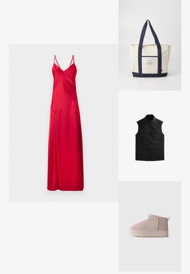 Gilet sans manches noir en duvet avec un col montant, des panneaux avant matelassés, des côtés lisses et une fermeture éclair à l'avant. Léger et chaud.; Robe en satin rouge avec un décolleté en V profond, des bretelles fines et une silhouette fluide. Présente un design asymétrique et une longueur mi-mollet.; Botte d'hiver en suédine beige à découpe basse avec épaisse semelle et tirant à l'arrière, présentée en profil latéral sur fond blanc uni.; Sac en toile crème avec des poignées et un fond bleu marine. Dispose d'une poche avant et d'une étiquette affichant "PIER ONE". Conception robuste.