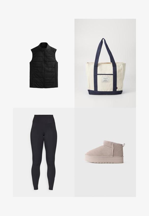 Sort ærmeløs puffer vest har en høj krave, quiltede frontpaneler, glatte sider og en lynlås fortil. Let og varm.; Grå fleecepullover med kvart lynlås, featuring elastiske manchetter og ærmer, frontlomme og et lille hvidt logo på venstre bryst.; Sorte høj talje leggings lavet af strækbart, glat stof. Har en tætsiddende design med et logo på anklen.; Lavskåret beige ruskinds vinterstøvle med tyk sål og bageste trækflap på ensfarvet hvid baggrund, vist i sideprofil.; Canvas tote bag i creme med marineblå håndtag og bund. Har en frontlomme og et mærke med teksten "PIER ONE." Solidt design.
