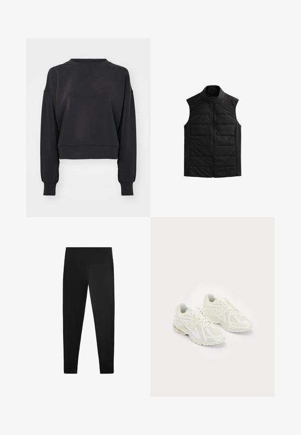 Fekete ujjatlan steppelt mellény magas gallérral, steppelt elülső panelek, sima oldalak és elöl cipzárral rendelkezik. Könnyű és meleg.; Fekete cropped pulóver hosszú ujjal, kerek nyakkivágással és bordázott mandzsettával. Puha anyagból készült, sima felülettel.; Fekete leggings sima, rugalmas anyagból. Magas derék kialakítás, bokánál díszítéssel és látható minták vagy fémrészletek nélkül.; Fehér sportcipők hálós és szintetikus anyagokból, fűzős dizájn, párnázott bokarésszel és érdes talppal a tapadás érdekében. Könnyű felépítés.