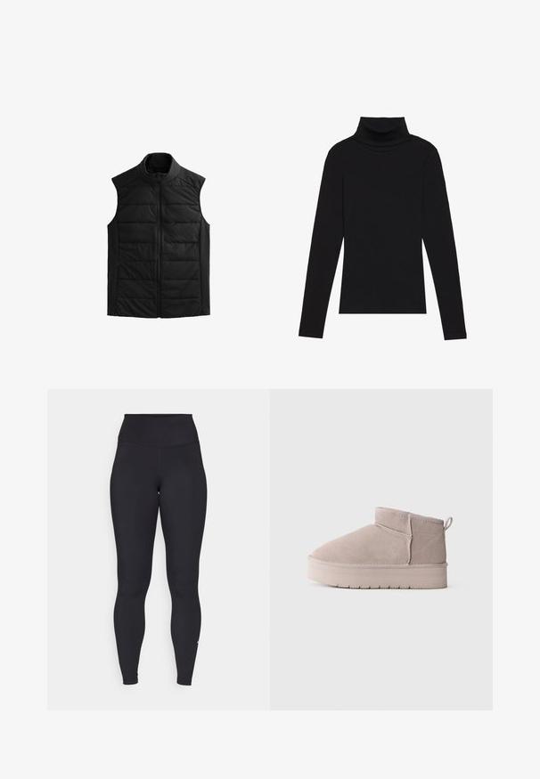 Sort ærmeløs puffer vest har en høj krave, quiltede frontpaneler, glatte sider og en lynlås fortil. Let og varm.; Sort højhalset bluse med lange ærmer, lavet af ribbet stof, har et tætsiddende design med en høj krave og uden mønstre eller detaljer.; Sorte høj talje leggings lavet af strækbart, glat stof. Har en tætsiddende design med et logo på anklen.; Lavskåret beige ruskinds vinterstøvle med tyk sål og bageste trækflap på ensfarvet hvid baggrund, vist i sideprofil.