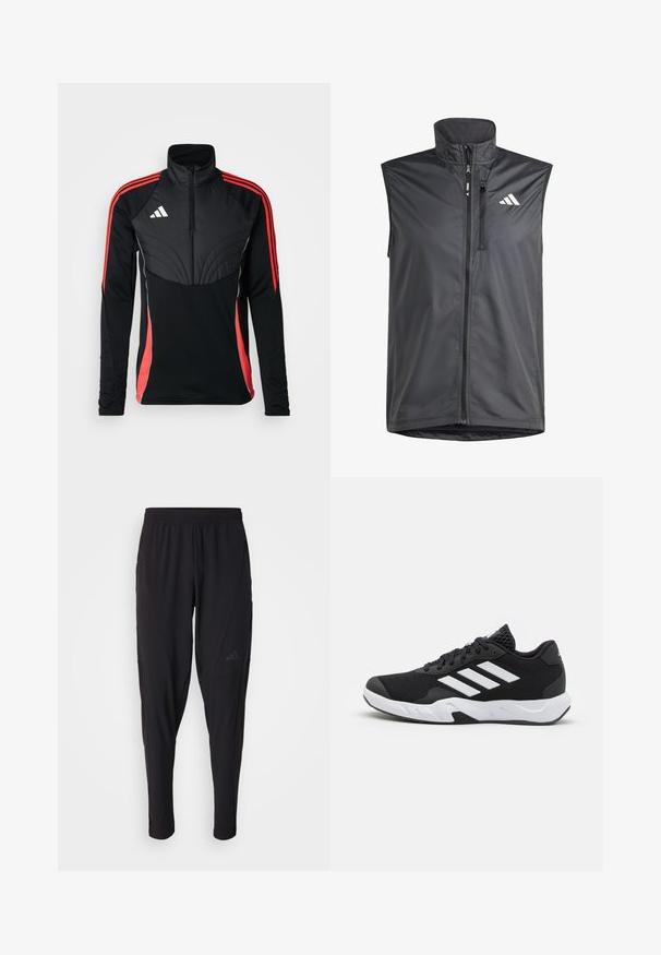 Black sleeveless vest made of lightweight fabric. Features front zip, high collar, and a small logo on the upper left side. Smooth texture.; adidas Performance TIRO24 WINTERIZED - Sweatshirt - black/shock red; Black athletic pants with an elastic waistband, tapered design, side pockets, and subtle logo detail. Made from flexible, breathable fabric.; Black athletic shoes with a textured mesh upper, white accent stripes, a cushioned sole, and a reinforced heel for support.