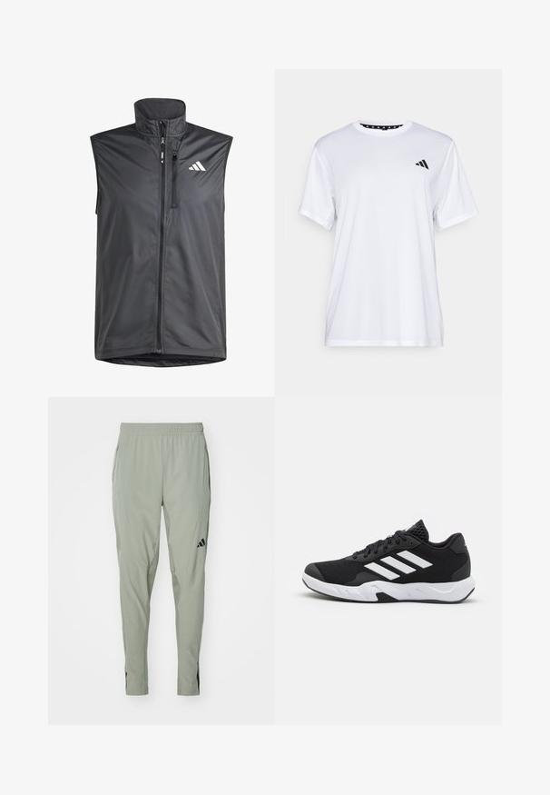 Μαύρο αμάνικο γιλέκο από ελαφρύ ύφασμα. Διαθέτει μπροστινό φερμουάρ, ψηλό γιακά και ένα μικρό λογότυπο στην επάνω αριστερή πλευρά. Λείο υλικό.; Λευκό αθλητικό μπλουζάκι με κοντά μανίκια, κατασκευασμένο από ύφασμα που απορροφά την υγρασία. Διαθέτει μαύρο λογότυπο στην αριστερή πλευρά του στήθους και μοτίβο στη εσωτερική γραμμή του λαιμού.; adidas Performance HYBRID PANT - Παντελόνι φόρμας - silver pebble; Μαύρα αθλητικά παπούτσια με υφασμάτινη άνω επιφάνεια κώνου, λευκές διακοσμητικές ρίγες, μαξιλαρωτή σόλα και ενισχυμένη φτέρνα για στήριξη.