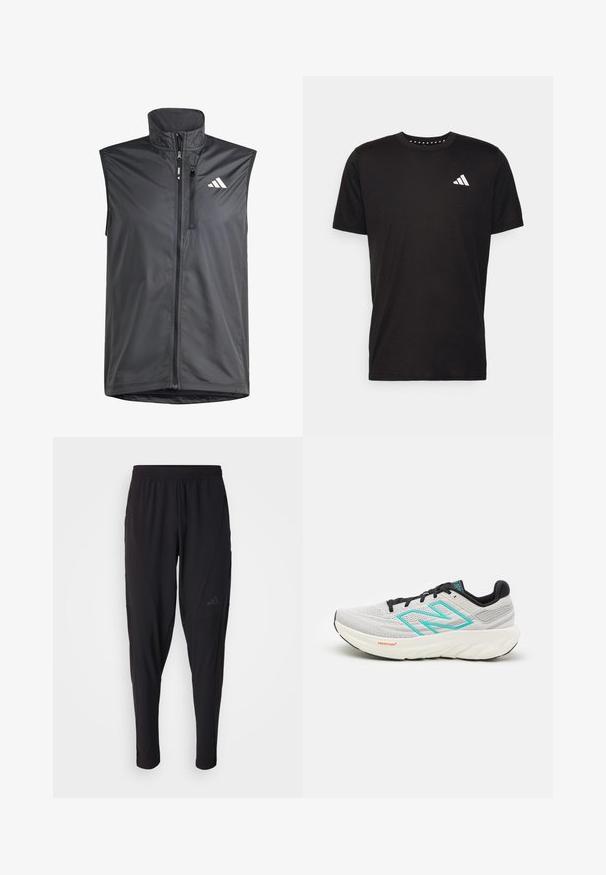 Svart ermeløs vest laget av lett materiale. Har glidelås foran, høy krage og en liten logo øverst til venstre. Glatt tekstur.; Svart bomulls t-skjorte med korte ermer, rund hals og en hvit logo på venstre bryst. Glatt tekstur og enkelt design.; Svarte treningsbukser med elastisk midje, smal design, sidelommer og subtil logo. Laget av fleksibelt, pustende stoff.; New Balance FRESH FOAM X 1080 V13 - Løpesko for vei - grey
