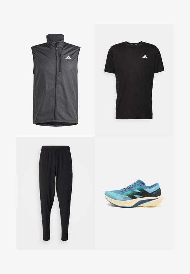 Black sleeveless vest made of lightweight fabric. Features front zip, high collar, and a small logo on the upper left side. Smooth texture.; Black cotton t-shirt with short sleeves, crew neckline, and a white logo on the left chest. Smooth texture and simple design.; Black athletic pants with an elastic waistband, tapered design, side pockets, and subtle logo detail. Made from flexible, breathable fabric.; New Balance FUELCELL REBEL V4 - Road running shoes - blue