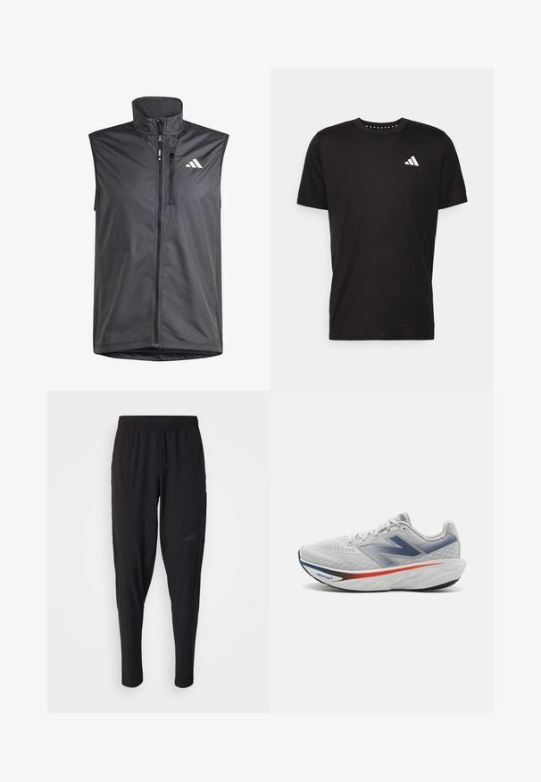 Mustat hihattomat liivit, jotka on valmistettu kevyestä kankaasta. Varustettu etuvetoketjulla, korkealla kauluksella ja pienellä logolla vasemmassa yläkulmassa. Sileä materiaali.; Musta puuvillapaita lyhyillä hihoilla, pyöreä pääntie ja valkoinen logo vasemmassa rinnassa. Sujuva rakenne ja yksinkertainen muotoilu.; Mustat urheiluhousut, joissa on joustava vyötärö, kapeneva malli, sivutaskut ja hillitty logoyksityiskohta. Valmistettu joustavasta ja hengittävästä kankaasta.; New Balance FRESH FOAM X 1080 V14 - Katujuoksukengät - grey