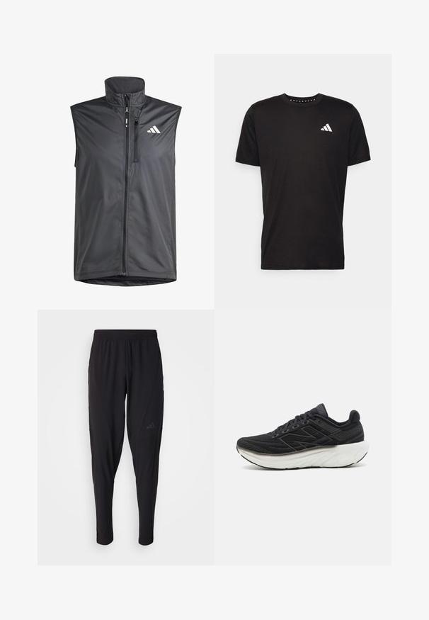 Gilet sans manches noir en tissu léger. Présente une fermeture éclair à l'avant, un col montant et un petit logo sur le côté supérieur gauche. Texture lisse.; T-shirt en coton noir à manches courtes, décolleté rond et logo blanc sur la poitrine gauche. Texture lisse et design simple.; Pantalons de sport noirs avec une taille élastique, design fuselé, poches latérales et détail de logo subtil. Fabriqués en tissu flexible et respirant.; New Balance FRESH FOAM X 1080 V13 - Chaussures de running sur route - black