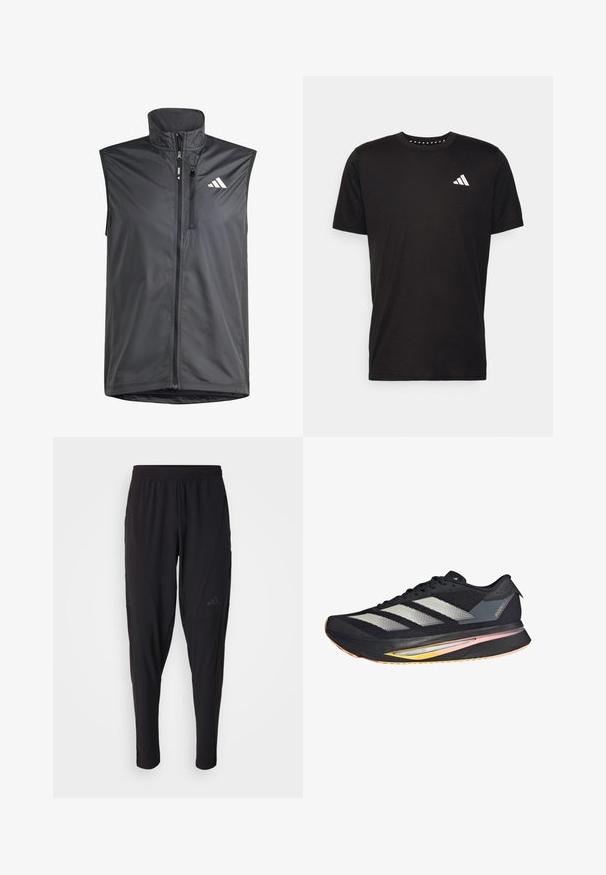 Gilet nero senza maniche realizzato in tessuto leggero. Presenta una zip frontale, un colletto alto e un piccolo logo sul lato sinistro in alto. Tessuto liscio.; T-shirt in cotone nero con maniche corte, scollo rotondo e logo bianco sul lato sinistro del petto. Texture liscia e design semplice.; Pantaloni sportivi neri con vita elastica, design affusolato, tasche laterali e dettagli logo discreti. Realizzati in tessuto flessibile e traspirante.; adidas Performance ADIZERO SL2 - Scarpe da corsa su strada - core black metalic spark