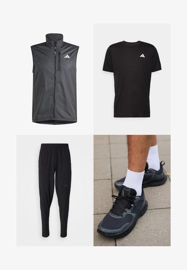 Gilet nero senza maniche realizzato in tessuto leggero. Presenta una zip frontale, un colletto alto e un piccolo logo sul lato sinistro in alto. Tessuto liscio.; T-shirt in cotone nero con maniche corte, scollo rotondo e logo bianco sul lato sinistro del petto. Texture liscia e design semplice.; Pantaloni sportivi neri con vita elastica, design affusolato, tasche laterali e dettagli logo discreti. Realizzati in tessuto flessibile e traspirante.; New Balance FRESH FOAM X HIERRO V8 - Scarpe da trail running - black