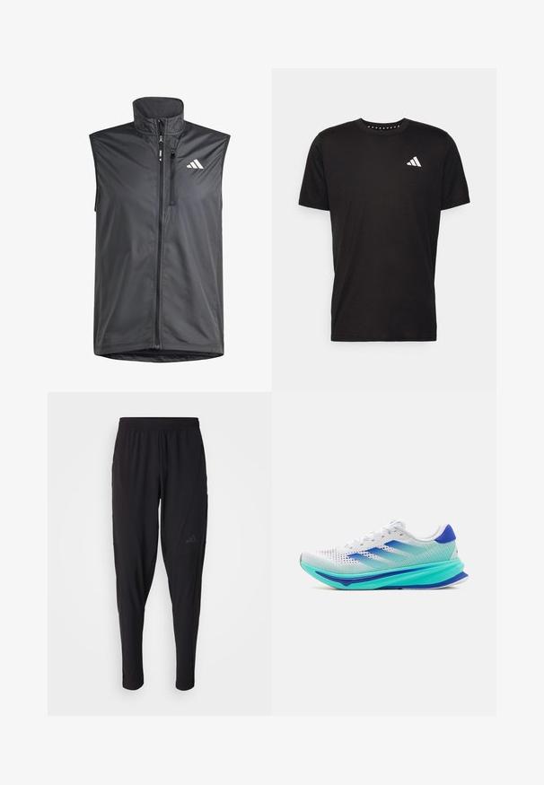 Černá bezrukávová vesta vyrobená z lehkého materiálu. Obsahuje přední zip, vysoký límec a malé logo na levé horní straně. Hladká textura.; Černé bavlněné tričko s krátkým rukávem, kulatým výstřihem a bílým logem na levé hrudi. Hladká textura a jednoduchý design.; Černé sportovní kalhoty s elastickým páskem, zúženým střihem, bočními kapsami a nenápadným logem. Vyrobeno z pružné, prodyšné látky.; adidas Performance SUPERNOVA RISE - Silniční běžecké boty - footwear white/lucid blue/flash aqua