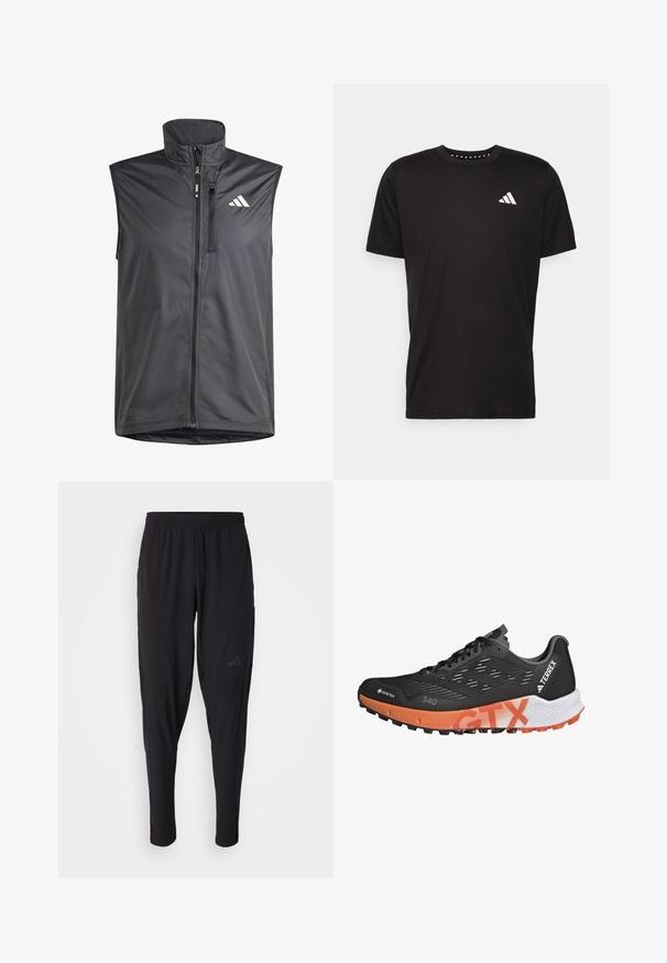 Chaleco negro sin mangas hecho de un tejido ligero. Presenta una cremallera frontal, un cuello alto y un pequeño logo en el lado superior izquierdo. Textura suave.; Camiseta de algodón negra con mangas cortas, cuello redondo y un logo blanco en el lado izquierdo del pecho. Textura suave y diseño sencillo.; Pantalones deportivos negros con cintura elástica, diseño ajustado, bolsillos laterales y un discreto detalle de logo. Fabricados con un material flexible y transpirable.; Zapatillas de trail running en negro y naranja con parte superior sintética texturizada, sistema de lazado prominente y suela resistente para tracción. Marca GTX visible.