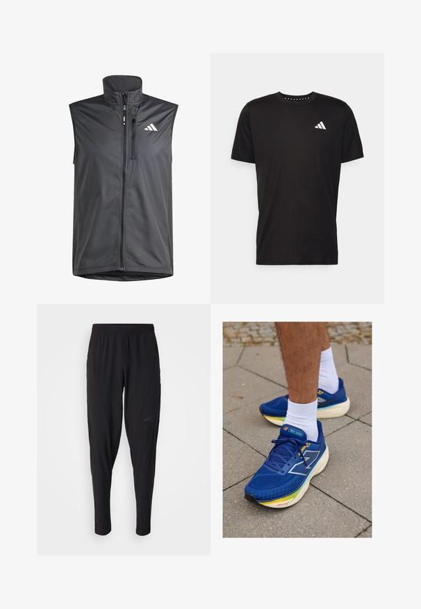 Mustat hihattomat liivit, jotka on valmistettu kevyestä kankaasta. Varustettu etuvetoketjulla, korkealla kauluksella ja pienellä logolla vasemmassa yläkulmassa. Sileä materiaali.; Musta puuvillapaita lyhyillä hihoilla, pyöreä pääntie ja valkoinen logo vasemmassa rinnassa. Sujuva rakenne ja yksinkertainen muotoilu.; Mustat urheiluhousut, joissa on joustava vyötärö, kapeneva malli, sivutaskut ja hillitty logoyksityiskohta. Valmistettu joustavasta ja hengittävästä kankaasta.; Siniset urheilukengät, joissa on verkkomateriaali yläosassa, sisältävät heijastavia yksityiskohtia, valkoiset nauhat ja pehmustetun pohjan useissa väreissä. Käytetään valkoisten sukkien kanssa.