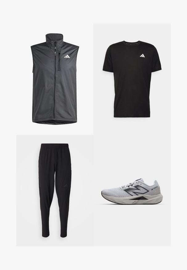 Gilet sans manches noir en tissu léger. Présente une fermeture éclair à l'avant, un col montant et un petit logo sur le côté supérieur gauche. Texture lisse.; T-shirt en coton noir à manches courtes, décolleté rond et logo blanc sur la poitrine gauche. Texture lisse et design simple.; Pantalons de sport noirs avec une taille élastique, design fuselé, poches latérales et détail de logo subtil. Fabriqués en tissu flexible et respirant.; Baskets de course gris clair avec une tige texturée, accents noirs, lacets plats et une semelle rembourrée arborant le logo "FUELCELL". Vue de côté.