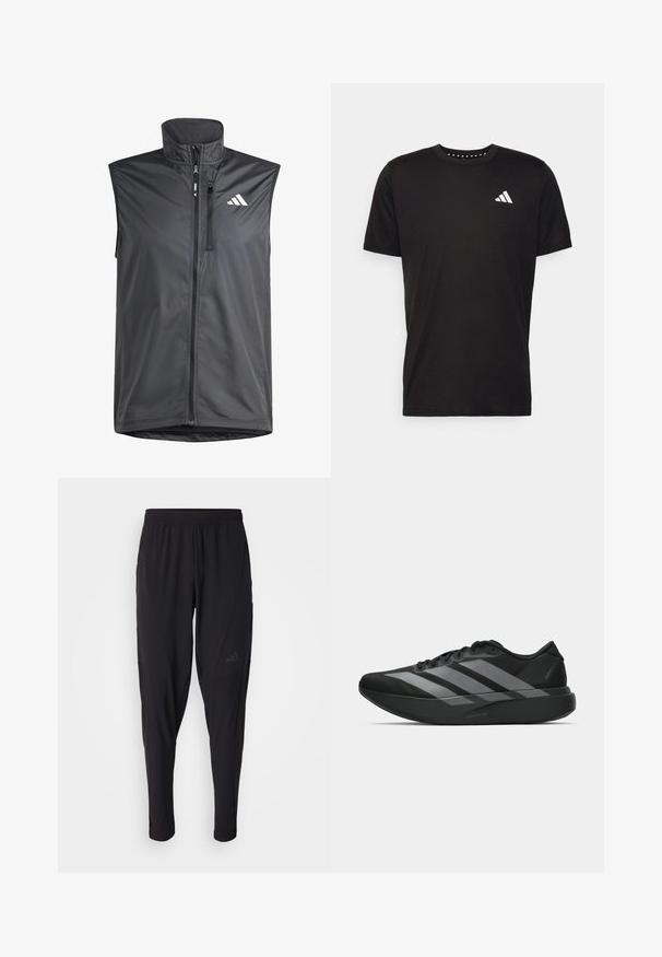 Čierny bezrukávový vest z ľahkého materiálu. Obsahuje predný zips, vysoký golier a malé logo na hornej ľavej strane. Hladká textúra.; Čierne bavlnené tričko s krátkymi rukávmi, klasickým výstrihom a bielym logom na ľavej strane hrude. Hladká textúra a jednoduchý dizajn.; Čierne športové nohavice s elastickým pásom, zúženým strihom, bočnými vreckami a nenápadným logom. Vyrobené z flexibilnej, priedušnej tkaniny.; Čierne športové topánky s ľahkým dizajnom, obsahujúce tri výrazné šedé pruhy, hladkú textúru a kontúrovanú podrážku.