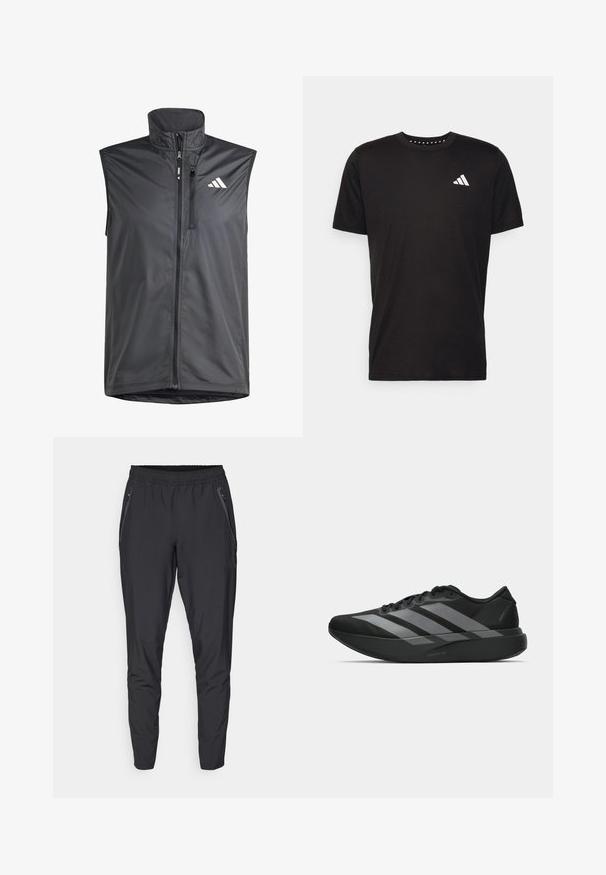 Čierny bezrukávový vest z ľahkého materiálu. Obsahuje predný zips, vysoký golier a malé logo na hornej ľavej strane. Hladká textúra.; Čierne bavlnené tričko s krátkymi rukávmi, klasickým výstrihom a bielym logom na ľavej strane hrude. Hladká textúra a jednoduchý dizajn.; Čierne športové nohavice z ľahkého materiálu s elastickým pásom, zužujúcimi sa nohavicami a bočnými vreckami so zipsami.; Čierne športové topánky s ľahkým dizajnom, obsahujúce tri výrazné šedé pruhy, hladkú textúru a kontúrovanú podrážku.