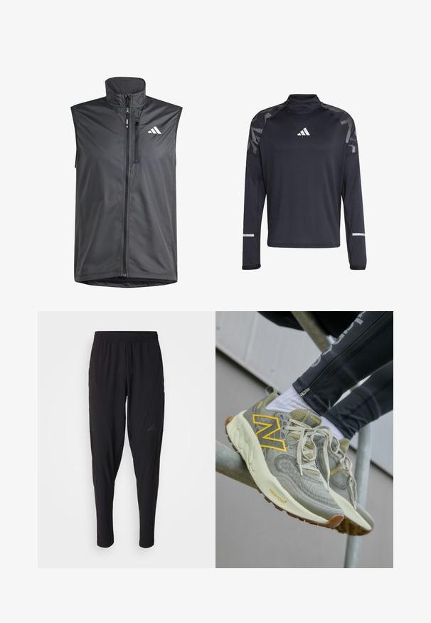 Gilet nero senza maniche realizzato in tessuto leggero. Presenta una zip frontale, un colletto alto e un piccolo logo sul lato sinistro in alto. Tessuto liscio.; Maglietta sportiva nera a maniche lunghe con finitura testurizzata, collo alto, dettagli riflettenti e logo bianco sul petto e sulle maniche.; Pantaloni sportivi neri con vita elastica, design affusolato, tasche laterali e dettagli logo discreti. Realizzati in tessuto flessibile e traspirante.; Sneakers New Balance grigio chiaro con logo "N" giallo, parte superiore in mesh testurizzato, sistema di allacciatura e suola imbottita bianco sporco. Dettaglio della suola marrone.