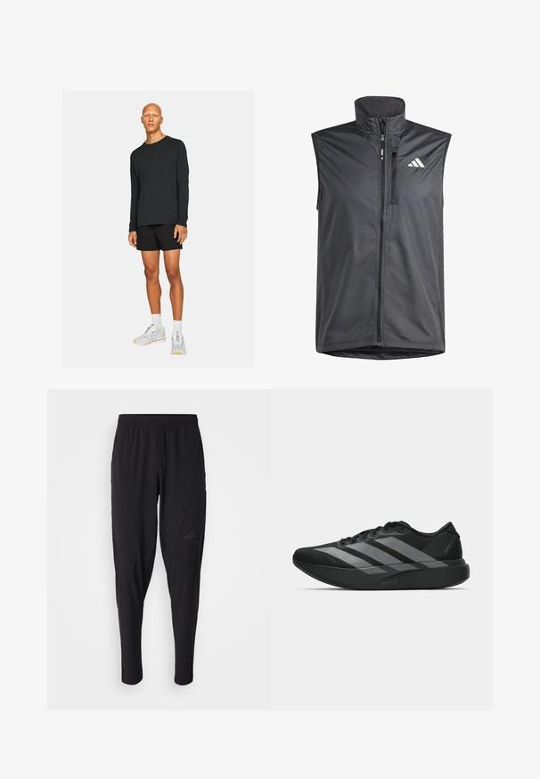 Mustat hihattomat liivit, jotka on valmistettu kevyestä kankaasta. Varustettu etuvetoketjulla, korkealla kauluksella ja pienellä logolla vasemmassa yläkulmassa. Sileä materiaali.; Musta pitkähihainen paita yhdistettynä mustiin shortseihin. Mallilla on päällään valkoiset ja harmaat urheilukengät, joissa on yksityiskohtia, ja hän seisoo yksinkertaisella taustalla.; Mustat urheiluhousut, joissa on joustava vyötärö, kapeneva malli, sivutaskut ja hillitty logoyksityiskohta. Valmistettu joustavasta ja hengittävästä kankaasta.; Mustat urheilukengät, joissa on kevyt muotoilu, kolme näkyvää harmaata raitaa, sileä pinta ja muotoiltu pohja.