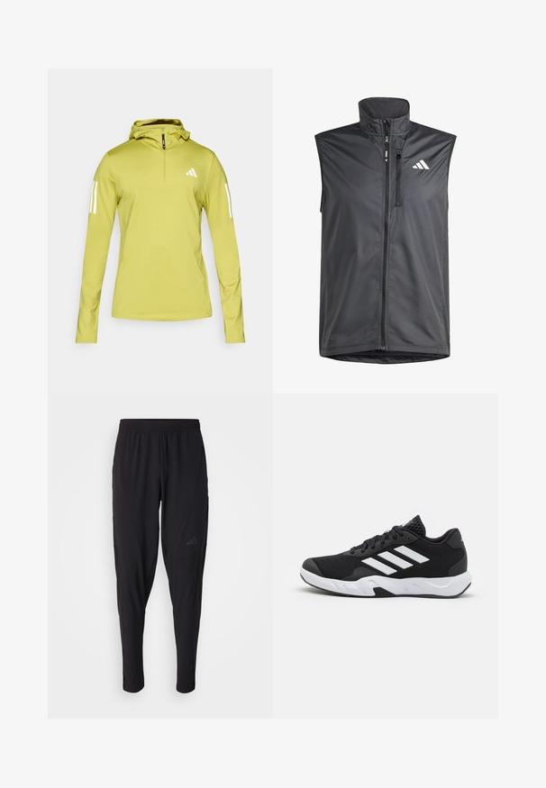 Chaleco negro sin mangas hecho de un tejido ligero. Presenta una cremallera frontal, un cuello alto y un pequeño logo en el lado superior izquierdo. Textura suave.; Sudadera de manga larga verde claro con media cremallera, que presenta rayas blancas en las mangas y un logo en el pecho. Tejido elástico texturizado.; Pantalones deportivos negros con cintura elástica, diseño ajustado, bolsillos laterales y un discreto detalle de logo. Fabricados con un material flexible y transpirable.; Zapatillas deportivas negras con una parte superior de malla texturizada, rayas de acento blancas, suela acolchada y talón reforzado para mayor soporte.