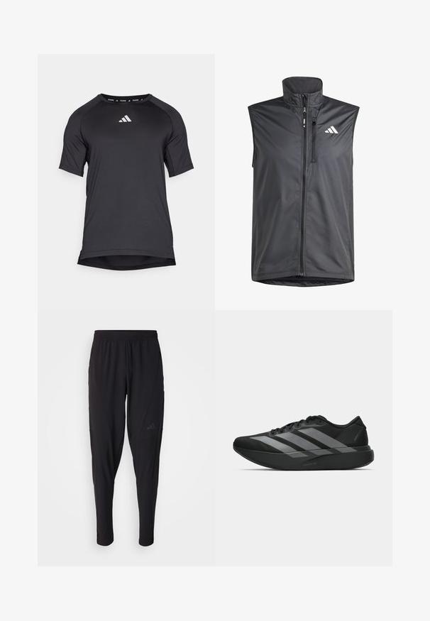 Sort ærmeløs vest lavet af letvægtsstof. Har en frontlynlås, høj krave og et lille logo på den øverste venstre side. Glat tekstur.; adidas Performance GYM - Sports T-shirts - black; Sorte træningsbukser med elastisk talje, tætsiddende design, sidelommer og diskret logo-detail. Fremstillet af fleksibelt, åndbart stof.; Sorte atletiske sko med et let design, der har tre fremtrædende grå striber, en glat overflade og en formet sål.