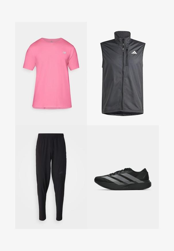 Μαύρο αμάνικο γιλέκο από ελαφρύ ύφασμα. Διαθέτει μπροστινό φερμουάρ, ψηλό γιακά και ένα μικρό λογότυπο στην επάνω αριστερή πλευρά. Λείο υλικό.; Ροζ αθλητικό μπλουζάκι με στρογγυλή λαιμόκοψη, κοντό μανίκι και ανακλαστικό λογότυπο στο στήθος. Απαλή, ελαφριά ύλη.; Μαύρο αθλητικό παντελόνι με ελαστική μέση, στενή γραμμή, πλαϊνές τσέπες και διακριτική λεπτομέρεια λογότυπου. Κατασκευασμένο από ευέλικτο, αναπνεύσιμο ύφασμα.; Μαύρα αθλητικά παπούτσια με ελαφρύ σχεδιασμό, που διαθέτουν τρεις έντονες γκρίζες ρίγες, λεία υφή και καμπυλωτή σόλα.