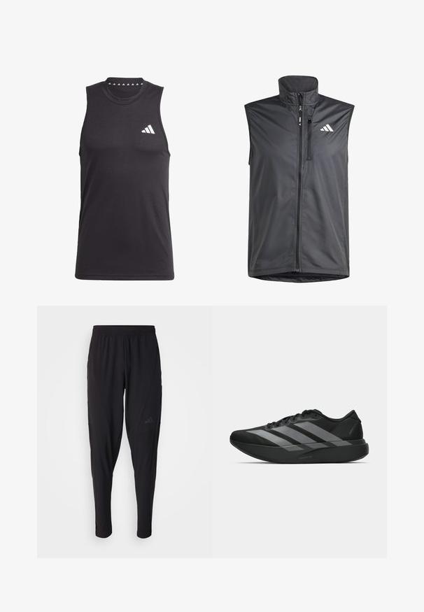 Sort ærmeløs vest lavet af letvægtsstof. Har en frontlynlås, høj krave og et lille logo på den øverste venstre side. Glat tekstur.; Sort ærmeløs sports tank-top lavet af glat stof, med en rund hals og et hvidt logo på venstre brystområde.; Sorte træningsbukser med elastisk talje, tætsiddende design, sidelommer og diskret logo-detail. Fremstillet af fleksibelt, åndbart stof.; Sorte atletiske sko med et let design, der har tre fremtrædende grå striber, en glat overflade og en formet sål.
