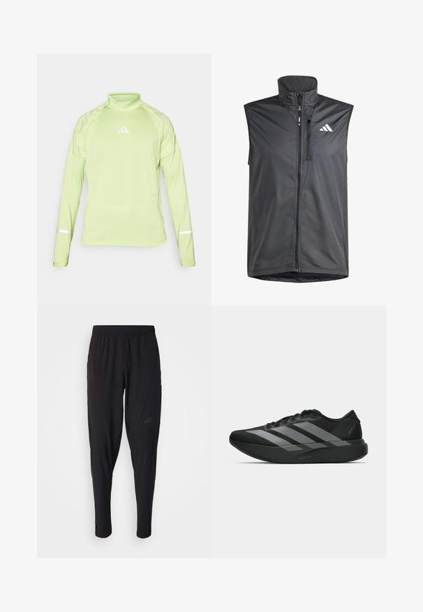 Čierny bezrukávový vest z ľahkého materiálu. Obsahuje predný zips, vysoký golier a malé logo na hornej ľavej strane. Hladká textúra.; Svetlozelená dlhá športová košeľa s polovičným golierom, s bielym logom a reflexnými detailmi na manžetách. Vyrobená z textúrovaného, priedušného materiálu.; Čierne športové nohavice s elastickým pásom, zúženým strihom, bočnými vreckami a nenápadným logom. Vyrobené z flexibilnej, priedušnej tkaniny.; Čierne športové topánky s ľahkým dizajnom, obsahujúce tri výrazné šedé pruhy, hladkú textúru a kontúrovanú podrážku.